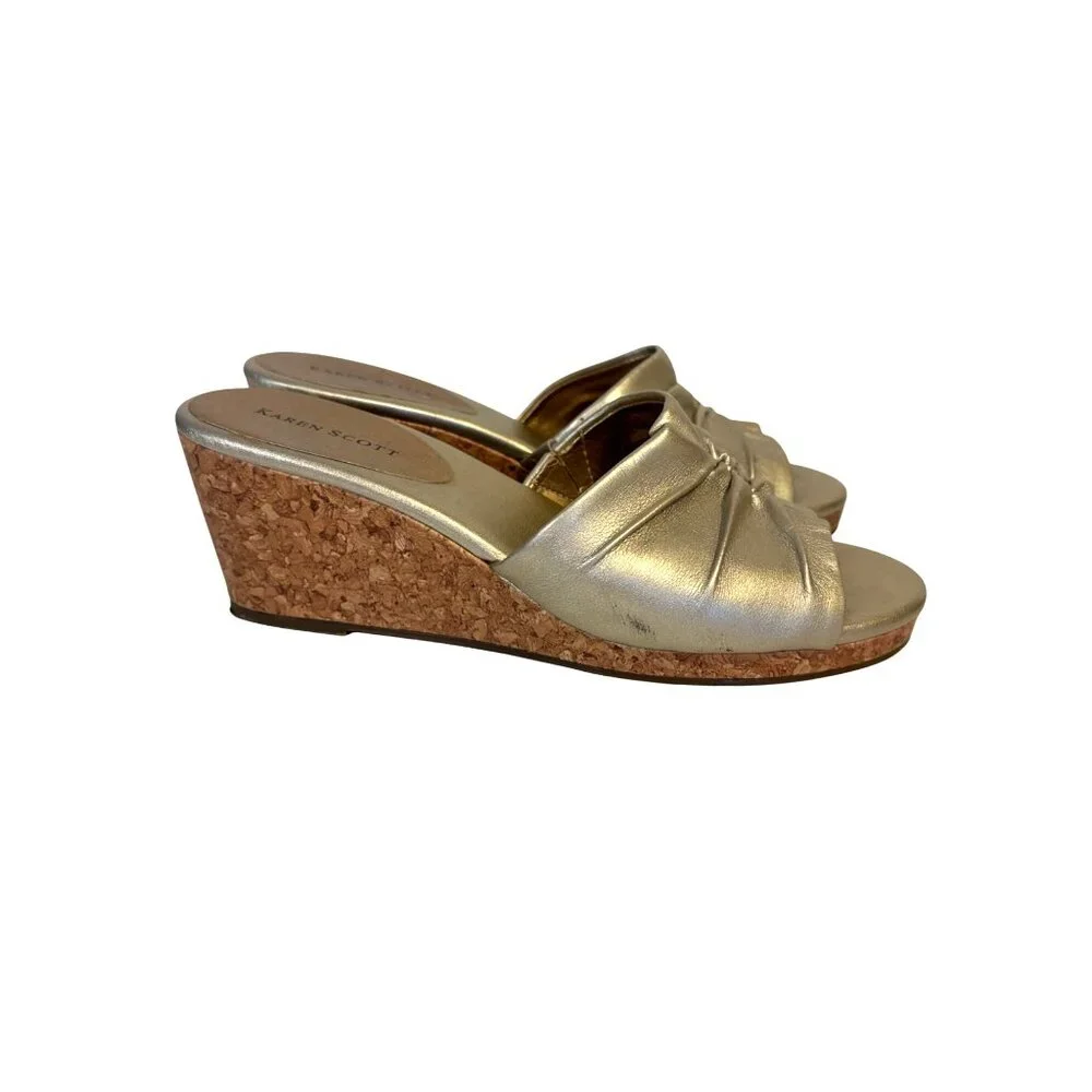 Karen Scott Metallic Gold Slide Wedge Sandals Cork Heel & Ruched Detail Size 7.5